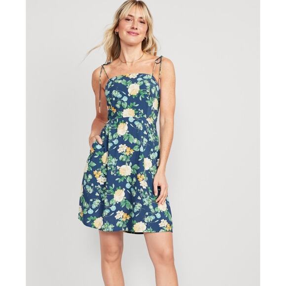 Old Navy Fit‎ & Flare Tie-Strap Mini Dress Blue Floral Sundress Medium Petite - Picture 1 of 10